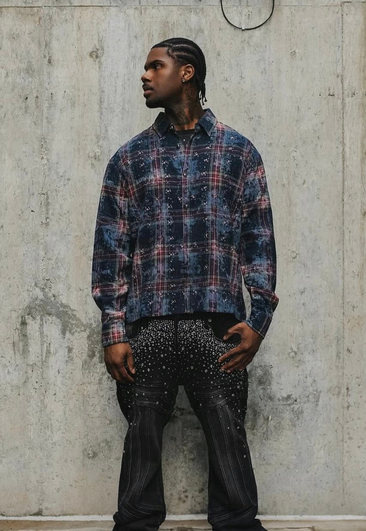 Paper Money Rhinestone Flannel L/S | Blue/Red